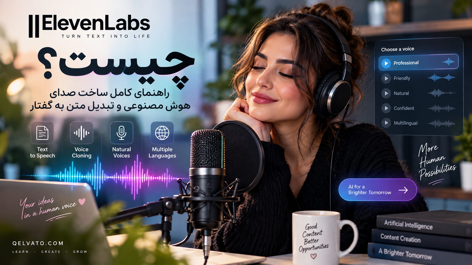 «زن در حال آزمایش و ضبط صدای هوش مصنوعی ElevenLabs»